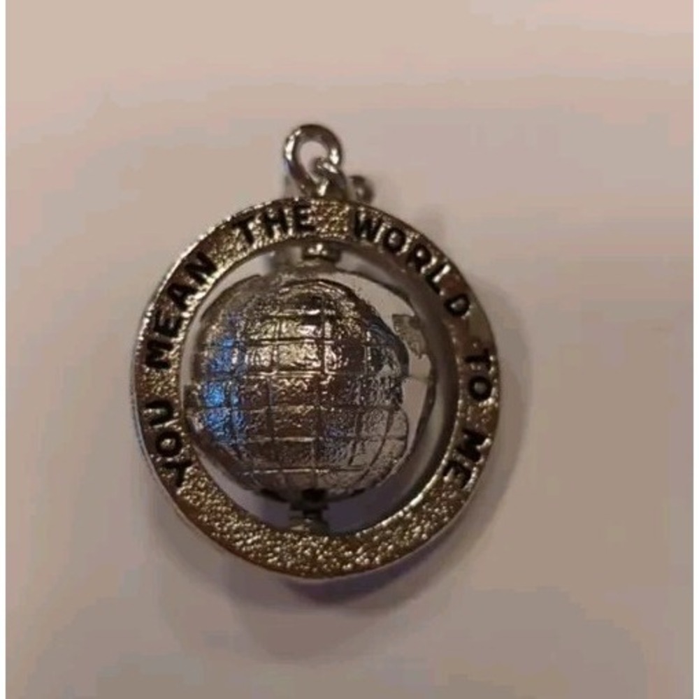 Vintage SILVER TONE Bracelet CHARM You Mean The World To Me, Revolving Earth